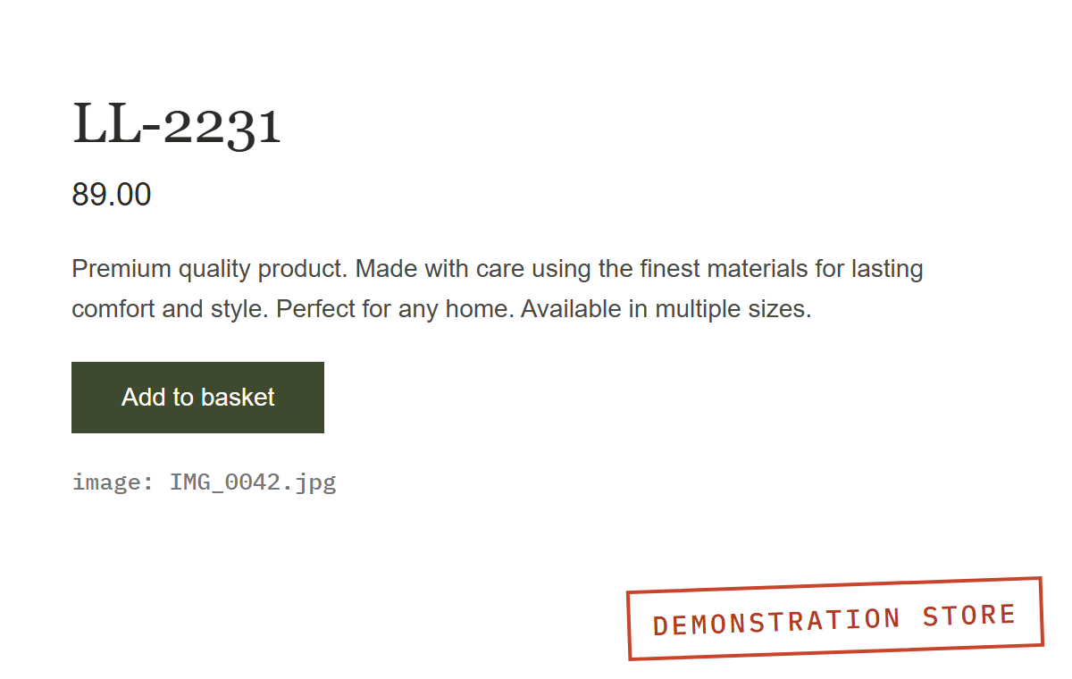 Demonstration store product details before the fix, close up: the title is an internal code, the description is generic maker text and the image file is named IMG_0042.jpg.